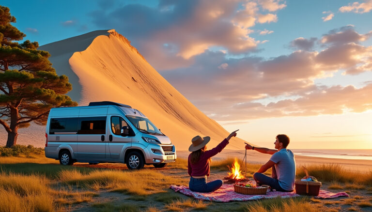 partez pour une aventure inoubliable en camping-car et explorez la majesté de la dune du pilat. émerveillez-vous devant ce site naturel spectaculaire, idéal pour les amoureux de la nature et les passionnés de sensations fortes. profitez de panoramas à couper le souffle et d'activités de plein air exceptionnelles au cœur de la plus haute dune d'europe.